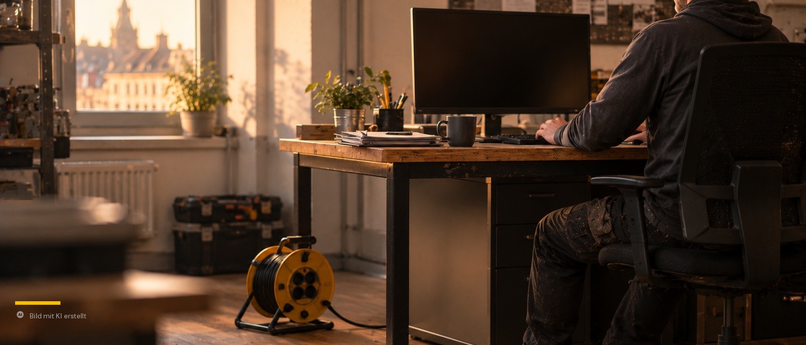 Mann am Schreibtisch vor dunklem Monitor, daneben eine gelbe Kabeltrommel – IT-Ausfall im Handwerksbüro