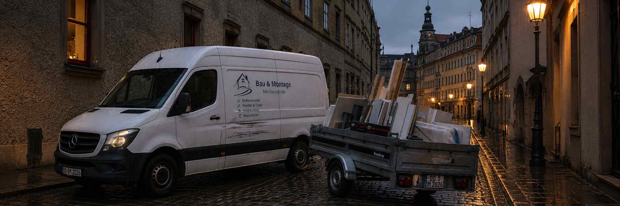 Handwerker-Sprinter mit Materialanhänger auf enger Baustelle — symbolisch für Gespannschaden und Versicherungslücke