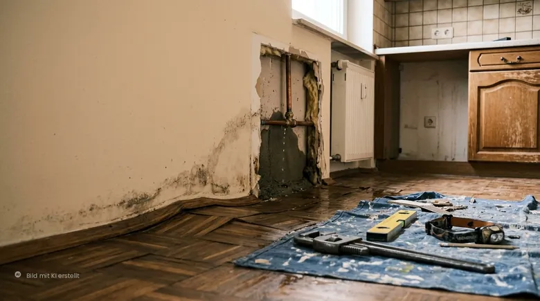 Geöffnete Küchenwand mit undichter Rohrverbindung und Wasserschaden im Parkett – Betriebshaftpflicht Handwerk