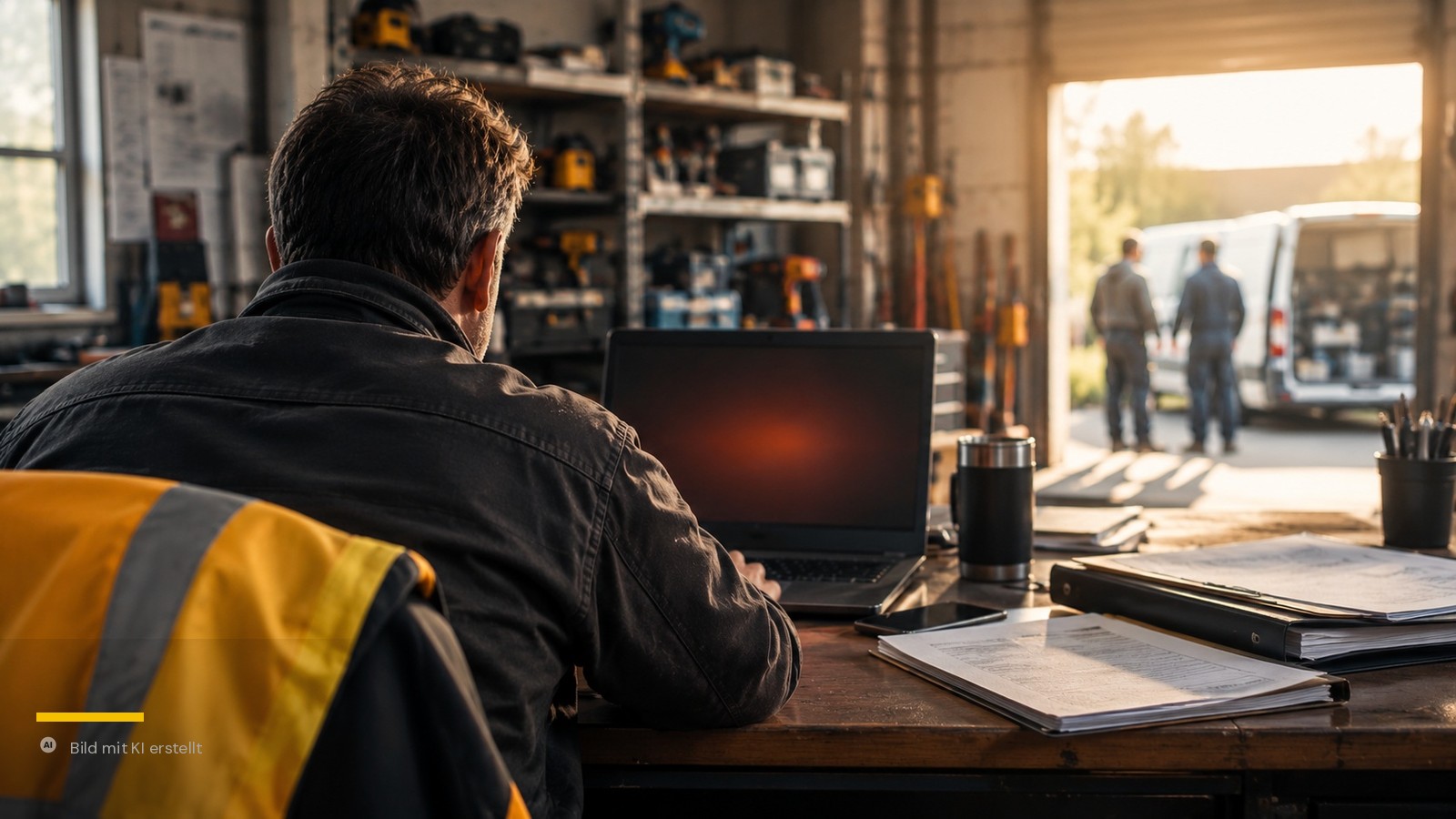 Laptop mit rot leuchtendem Bildschirm in einer Werkstatt, Warnweste über dem Stuhl – Cyberrisiko-Check und NIS2 im Handwerk