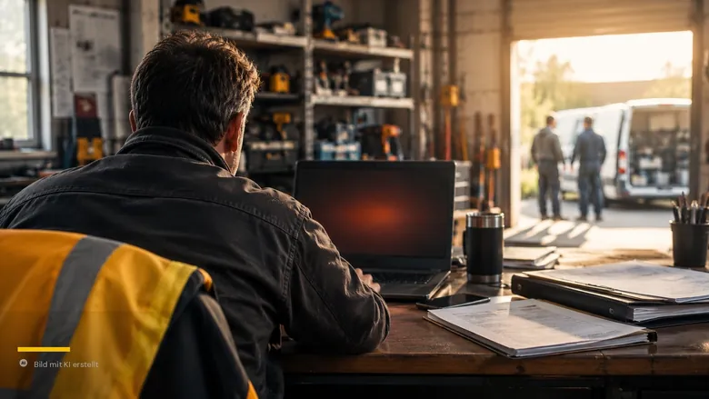 Laptop mit rot leuchtendem Bildschirm in einer Werkstatt, Warnweste über dem Stuhl – Cyberrisiko-Check und NIS2 im Handwerk