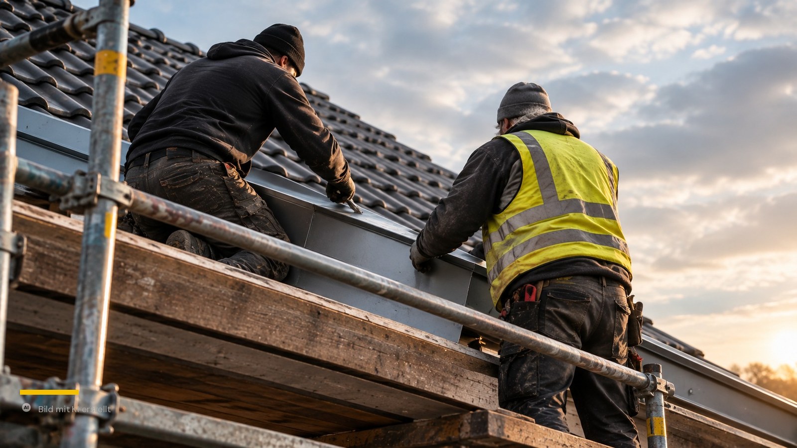 Zwei Dachdecker arbeiten vom Gerüst aus an einer Blechverkleidung auf einem Steildach – Versicherung für Dachdecker Dresden