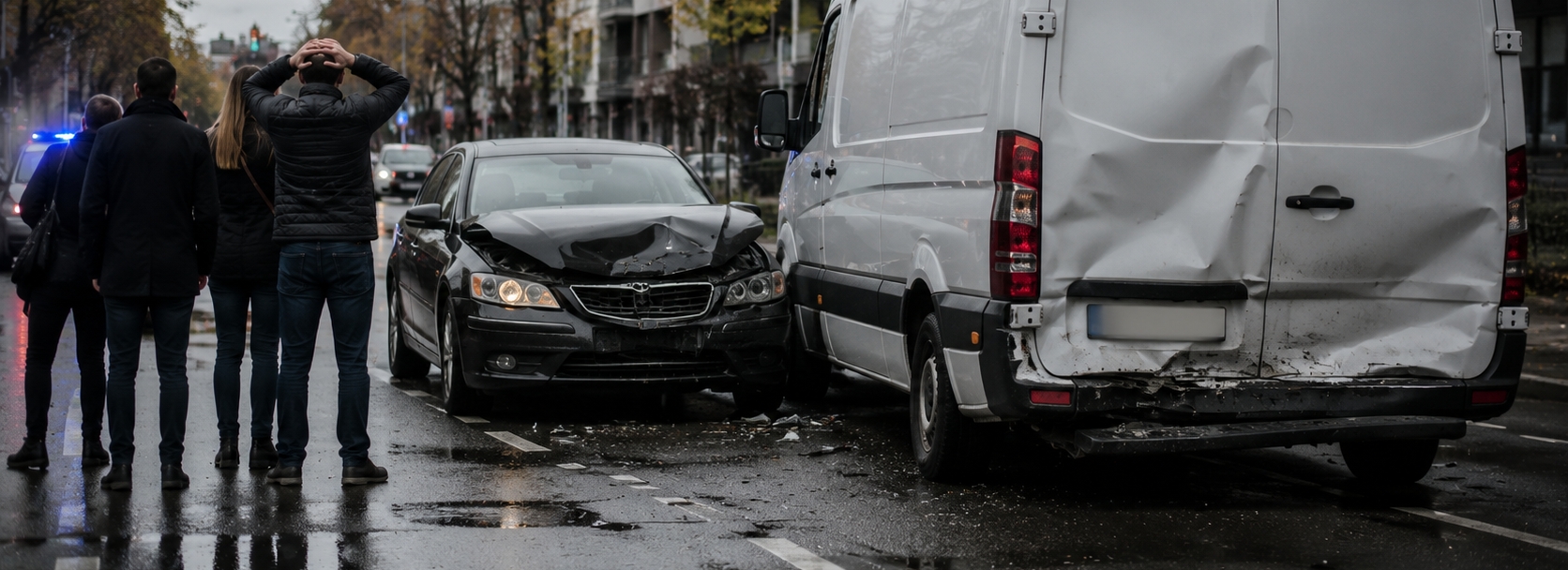 Unfall mit Firmenwagen: weißer Transporter mit Heckschaden, schwarze Limousine mit eingedrückter Front, Zeugen von hinten — KI-generierte Illustration