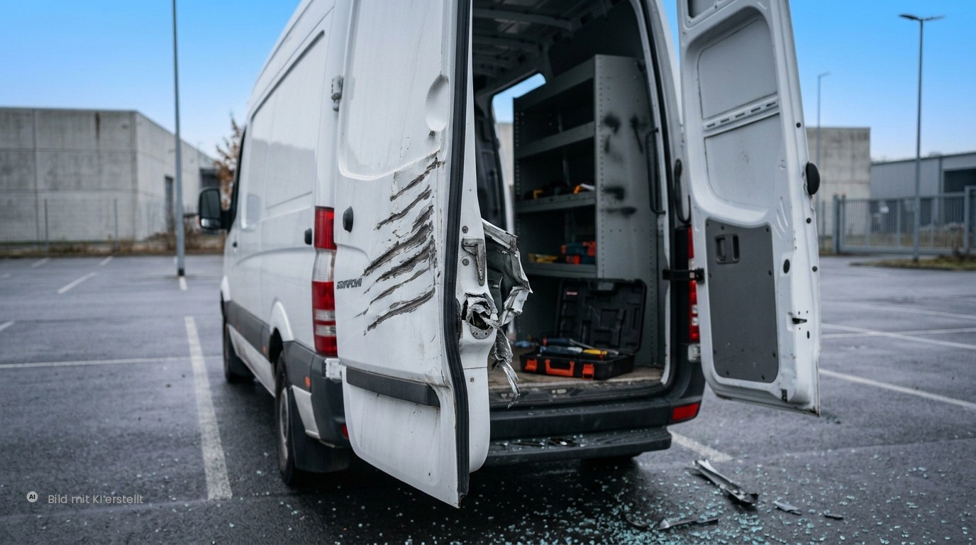 Aufgebrochene Hecktür eines Handwerker-Transporters mit deutlichen Aufhebelspuren am Türschloss, Gewerbegebiet Dresden