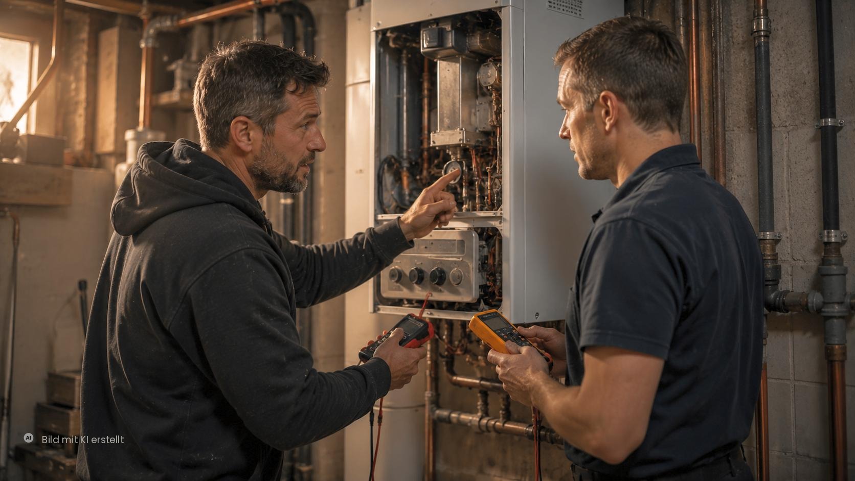 Elektriker und Heizungsbauer arbeiten gemeinsam an einer Gasheizungssteuerung – Versicherung für Elektro-Betriebe Dresden