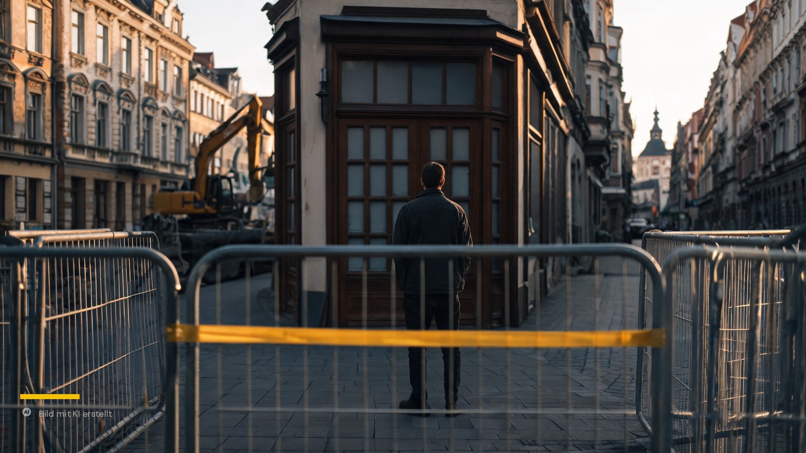 Mann steht vor geschlossener Ladentür, davor Absperrgitter mit gelbem Band, dahinter ein Bagger – Baustelle, Gewerbe, Dresden