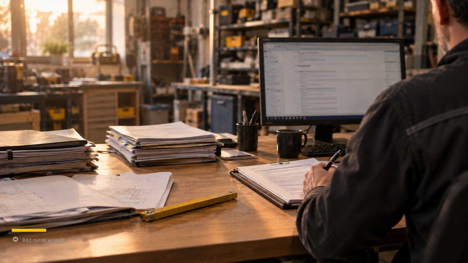 Werkstattschreibtisch mit Angebotspapieren, gelbem Zollstock und Monitor mit Textzeilen – Gewerbe, Handwerk, Dresden