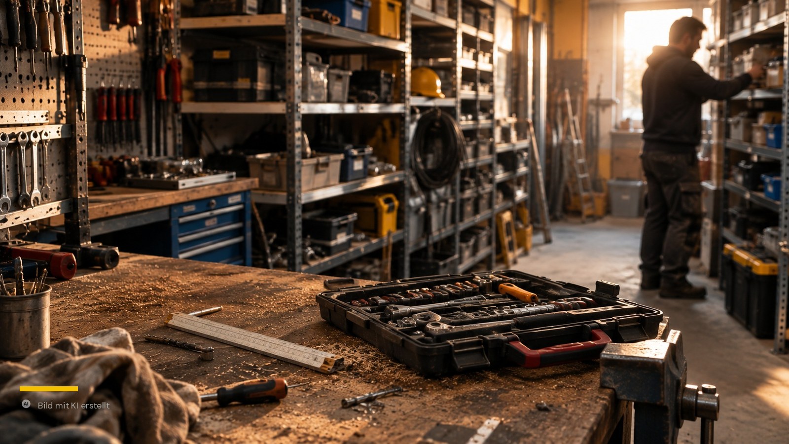 Werkstatt mit Regalen voller Werkzeug, Maschinen und Werkzeugkoffer – Inhaltsversicherung für Handwerksbetriebe Dresden