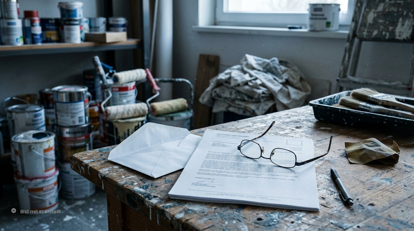 Geöffneter Anwaltsbrief mit Lesebrille auf der Werkbank eines Malerbetriebs – Kündigungsschutzklage und Rechtsschutz