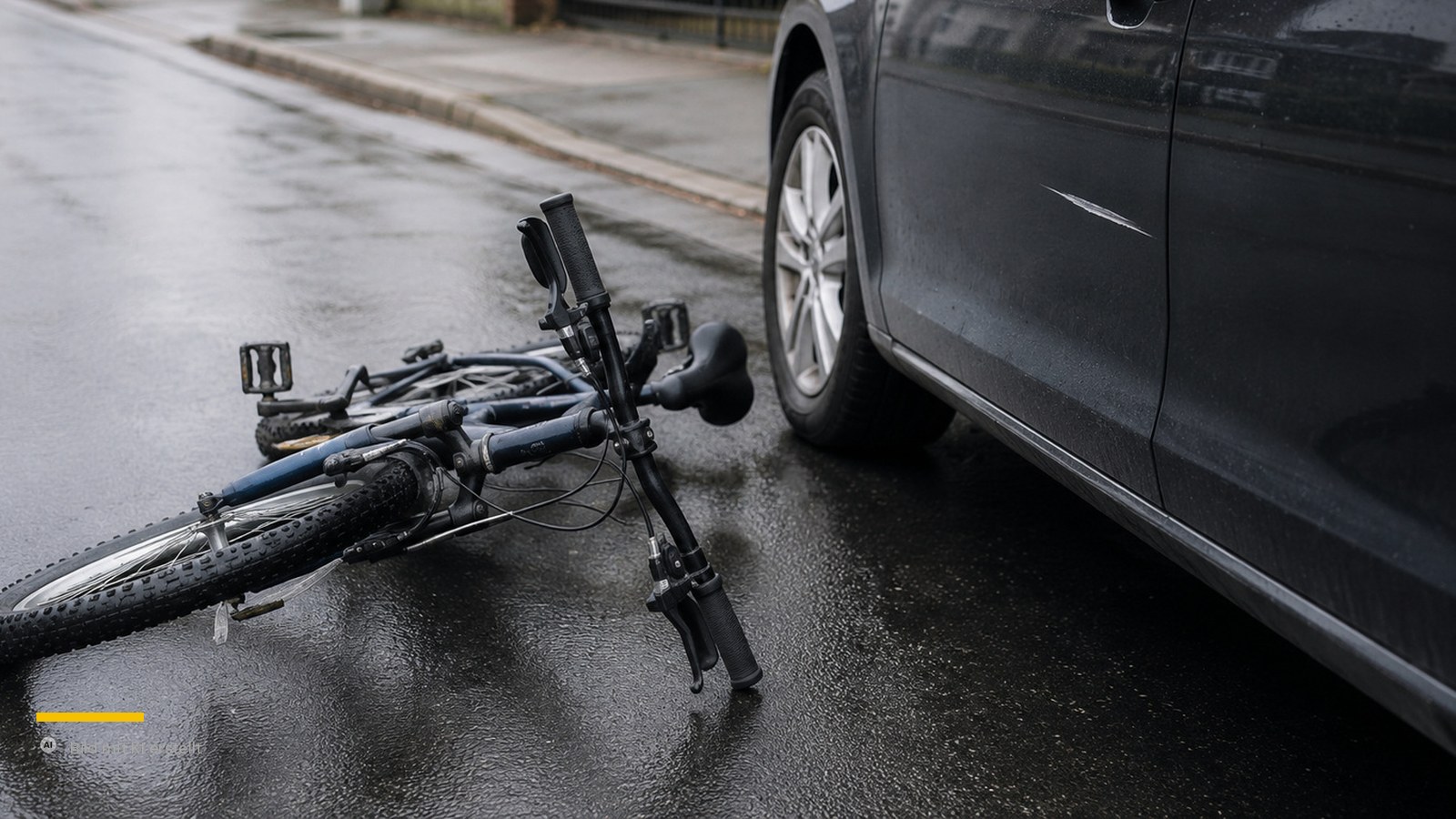 Umgekipptes Fahrrad auf nasser Straße neben einem parkenden Auto mit Kratzer an der Fahrertür