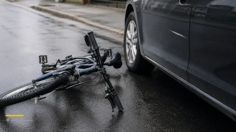 Umgekipptes Fahrrad auf nasser Straße neben parkendem Auto mit Kratzer – Privat- und Betriebshaftpflicht für Selbstständige