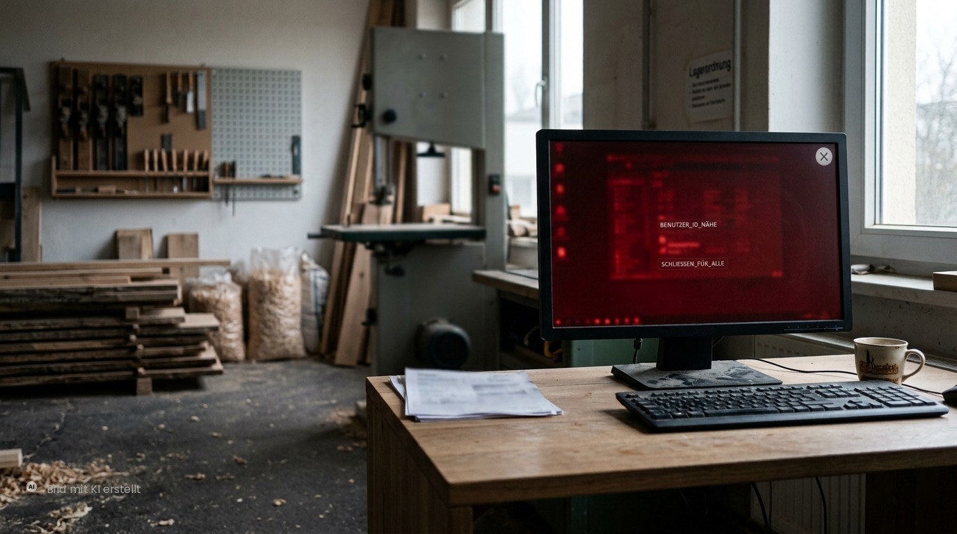 Computerbildschirm mit rotem, bedrohlichem Glühen in einer Tischlerei-Werkstatt – Ransomware-Angriff im Handwerksbetrieb