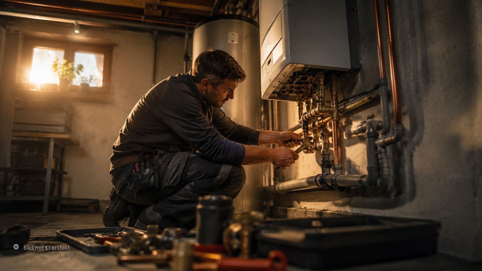 SHK-Handwerker bei der Arbeit an einer Heizungsanlage im Keller – Versicherung für Sanitär- und Heizungsbetriebe Dresden