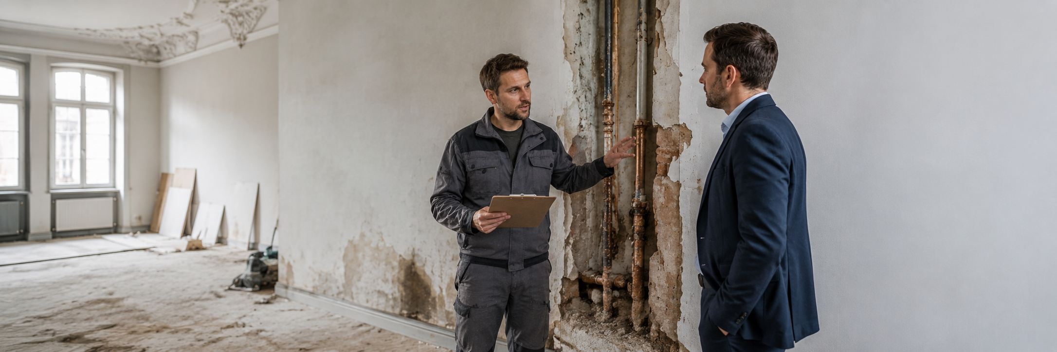 Handwerksmeister und Auftraggeber besprechen Schaden auf einer Baustelle in Dresden