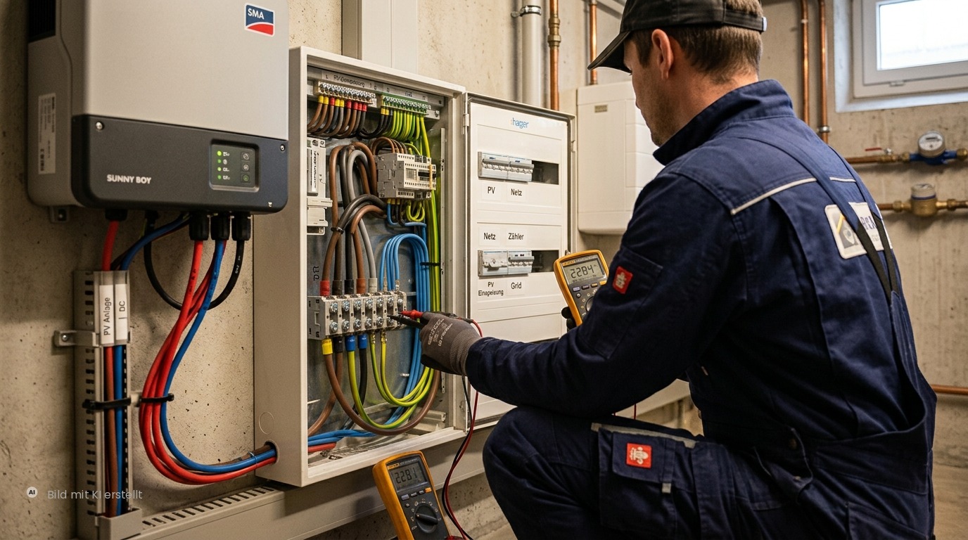 Elektriker prüft Kabelanschluss am Wechselrichter einer Solaranlage im Hausanschlussraum