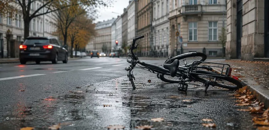 Umgekipptes Fahrrad auf nasser Straße nach einem Sturz – private Unfallversicherung und Meldefrist, Dresden