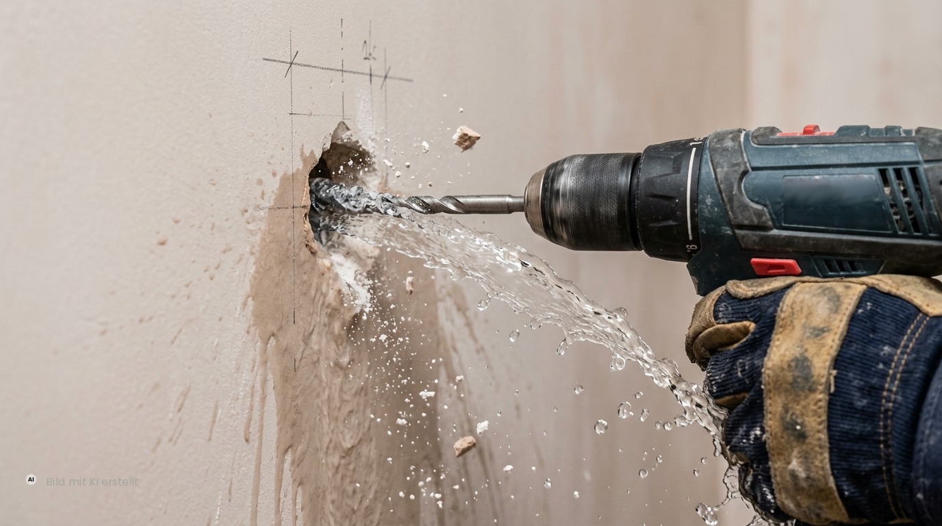 Bohrmaschine trifft beim Bohren ein Wasserrohr in der Wand, Wasser spritzt heraus – Betriebshaftpflicht Wasserschaden