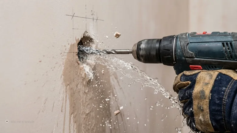 Bohrmaschine trifft ein Wasserrohr in der Wand, Wasser spritzt heraus – Betriebshaftpflicht Wasserschaden