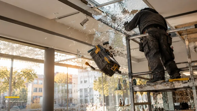 Werkzeugkasten fällt von einer Arbeitsbühne und trifft eine Glasdecke, Glassplitter fliegen – Betriebshaftpflicht Glasschaden