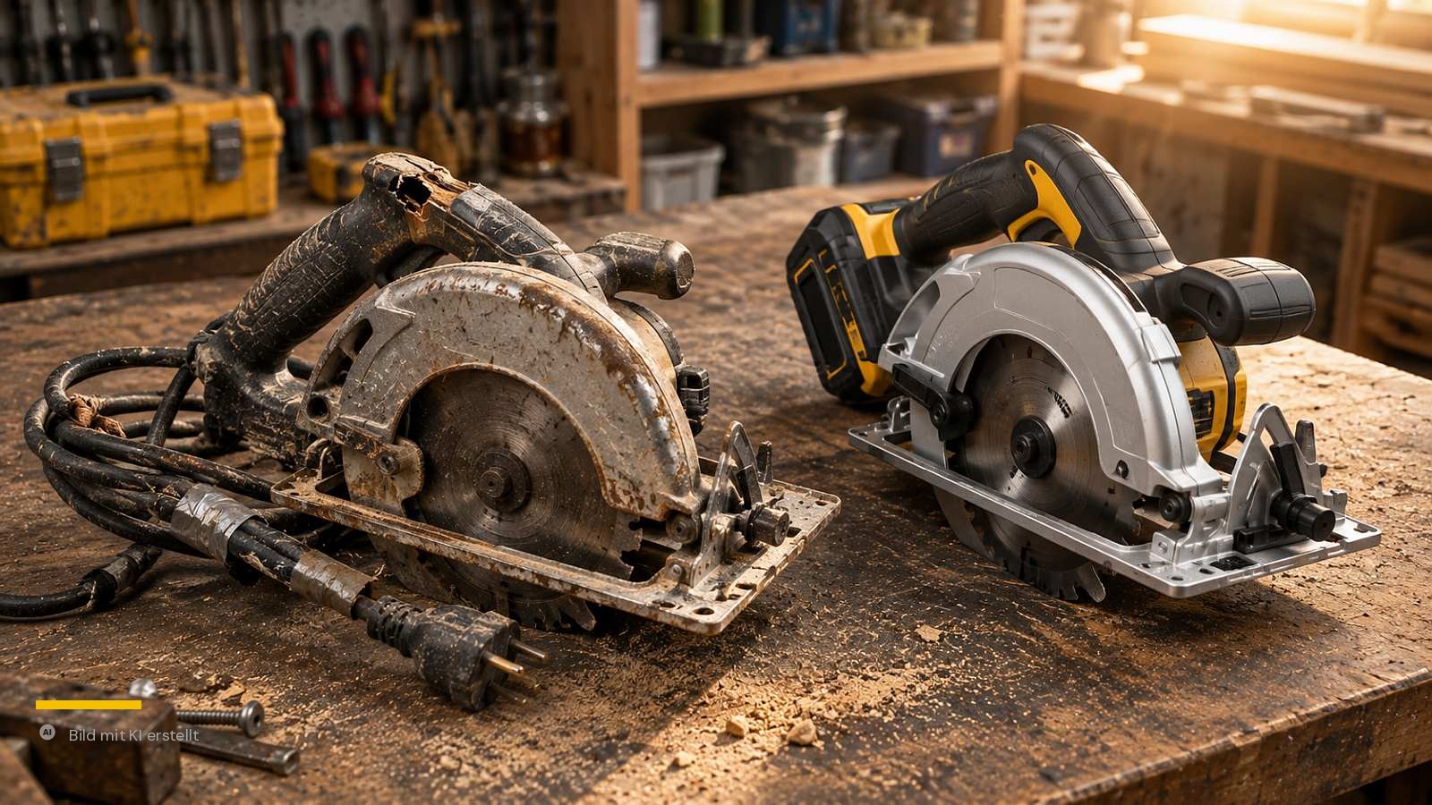Alte, abgenutzte Maschine neben einer neuen Maschine in derselben Werkstatt – Neuwert und Zeitwert